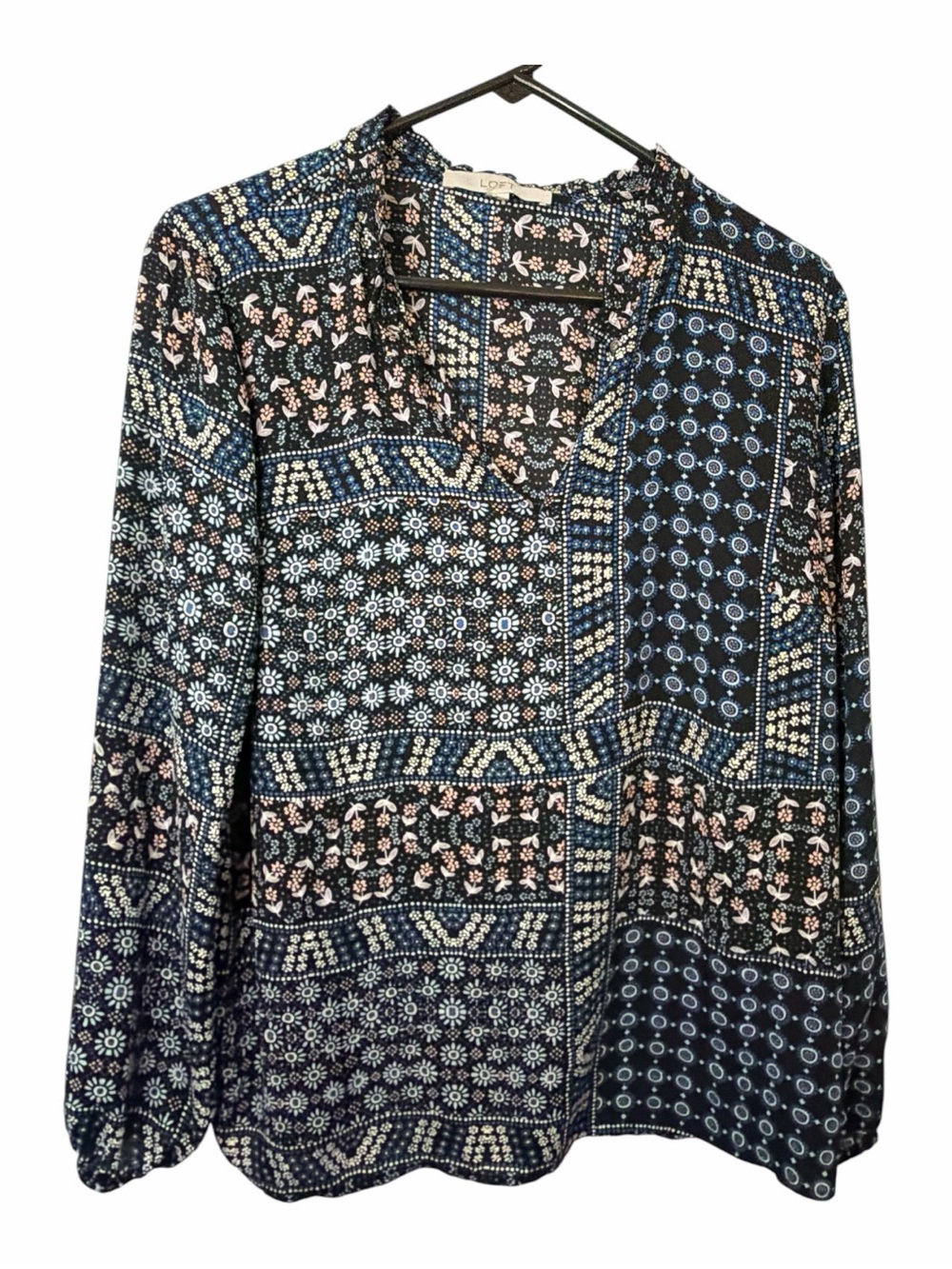 LOFT Navy Patchwork Print Long-Sleeve Blouse